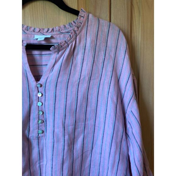 🧺J. Jill | 100% Linen Pink & black candy stripe peasant blouse | Large - Picture 2 of 7
